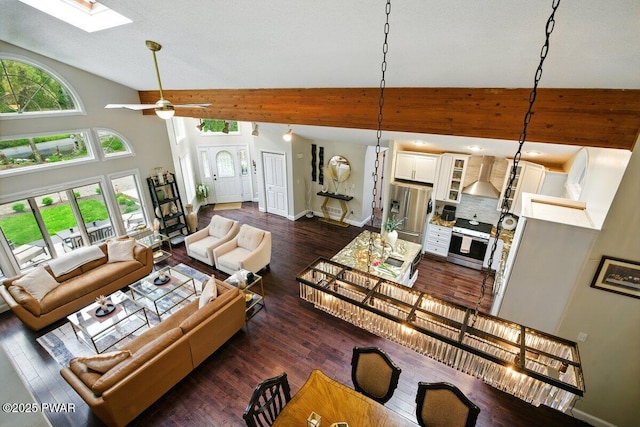 202 Remuda Dr, Lords Valley, PA 18428 - living room with a skylight, high vaulted ceiling, dark wood-type flooring, and a ceiling fan
