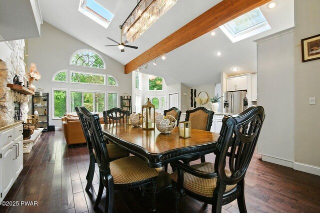 202 Remuda Dr, Lords Valley, PA 18428 - dining room with a skylight, dark wood-style flooring, high vaulted ceiling, recessed lighting, and a ceiling fan