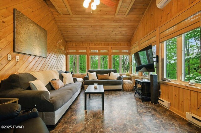 202 Remuda Dr, Lords Valley, PA 18428 - living room featuring baseboard heating, wooden walls, vaulted ceiling, a wood stove, and a ceiling fan