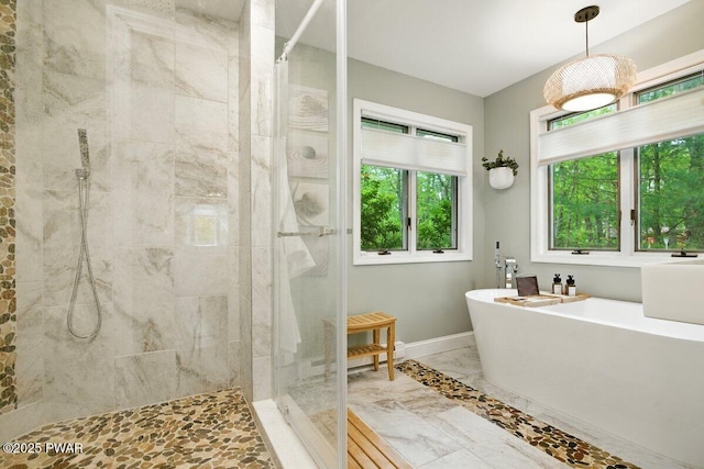 202 Remuda Dr, Lords Valley, PA 18428 - full bath featuring marble finish flooring, tiled shower, and a freestanding tub