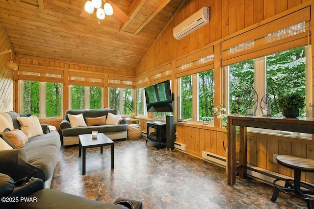 202 Remuda Dr, Lords Valley, PA 18428 - sunroom / solarium with an AC wall unit, vaulted ceiling, wood ceiling, a wood stove, and wood walls