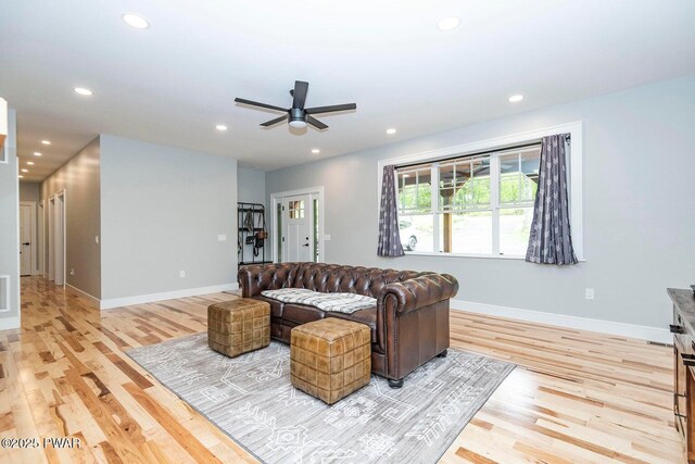 209 Conashaugh Trl, Milford, PA 18337 - living room with light wood finished floors, recessed lighting, and a ceiling fan