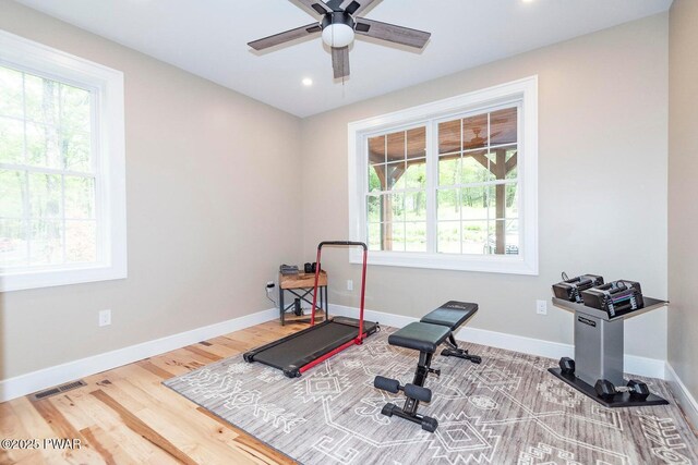 209 Conashaugh Trl, Milford, PA 18337 - workout room with a ceiling fan, recessed lighting, and wood finished floors