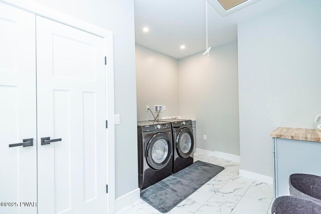 209 Conashaugh Trl, Milford, PA 18337 - washroom featuring washing machine and dryer, light marble finish flooring, and recessed lighting