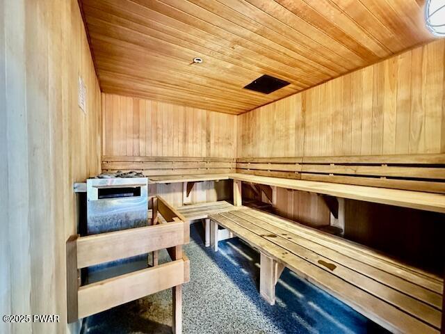 124 Granite Dr, Lords Valley, PA 18428 - relaxing sauna featuring wooden ceiling, wooden walls, and carpet flooring