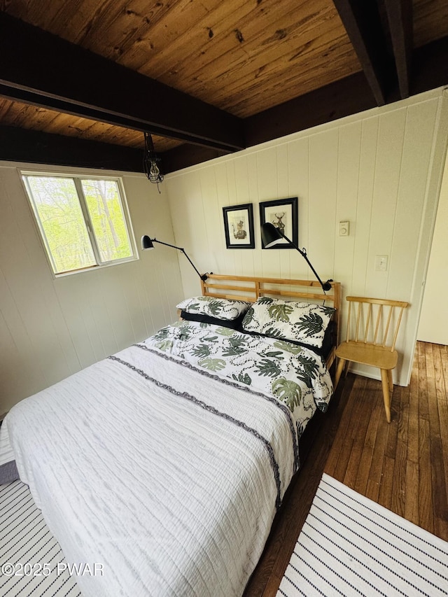 124 Granite Dr, Lords Valley, PA 18428 - bedroom with hardwood / wood-style floors, beamed ceiling, wood ceiling, and wood walls