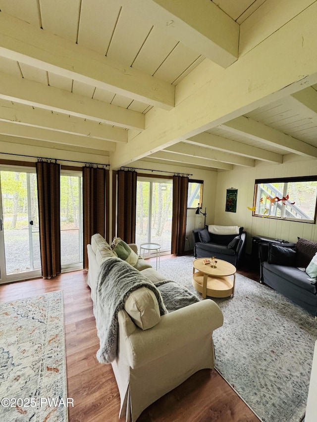 124 Granite Dr, Lords Valley, PA 18428 - living room featuring beamed ceiling and wood finished floors