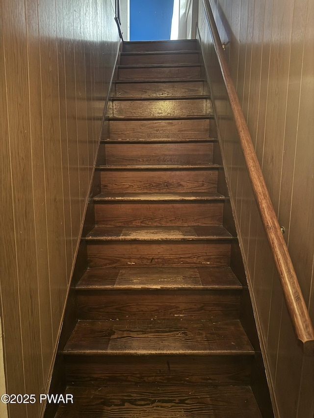 stairway with wooden walls