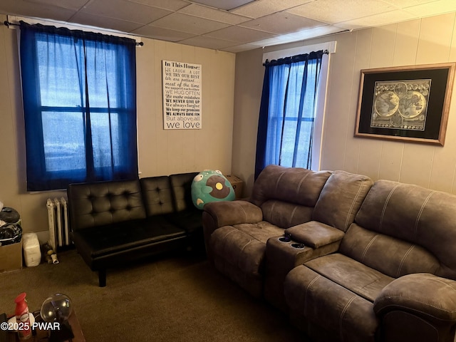 living room featuring carpet floors and radiator