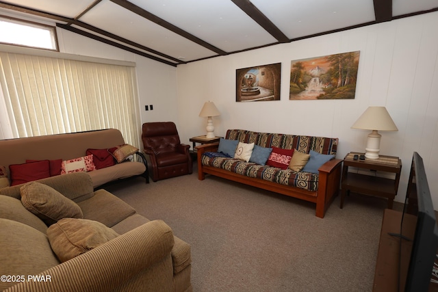 carpeted living room featuring lofted ceiling with beams