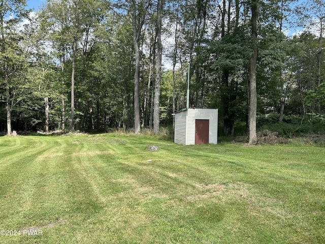 view of yard featuring a storage shed