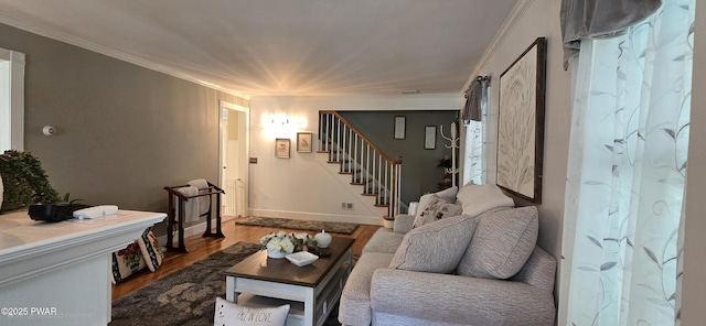 300 W High St, Milford, PA 18337 - living area featuring crown molding, dark wood-style floors, and stairway