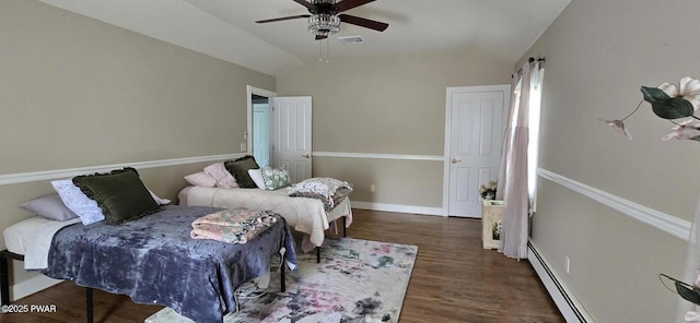 300 W High St, Milford, PA 18337 - bedroom featuring a baseboard heating unit, vaulted ceiling, wood finished floors, and a ceiling fan