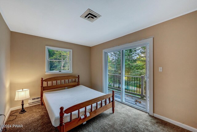 bedroom featuring access to exterior, carpet, and a baseboard heating unit