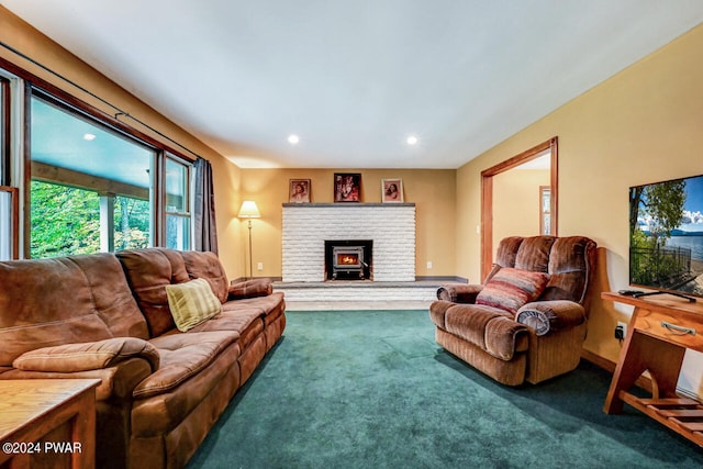 carpeted living room with a wood stove