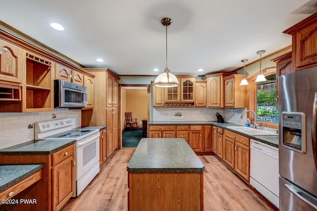 kitchen with pendant lighting, light wood-type flooring, and appliances with stainless steel finishes