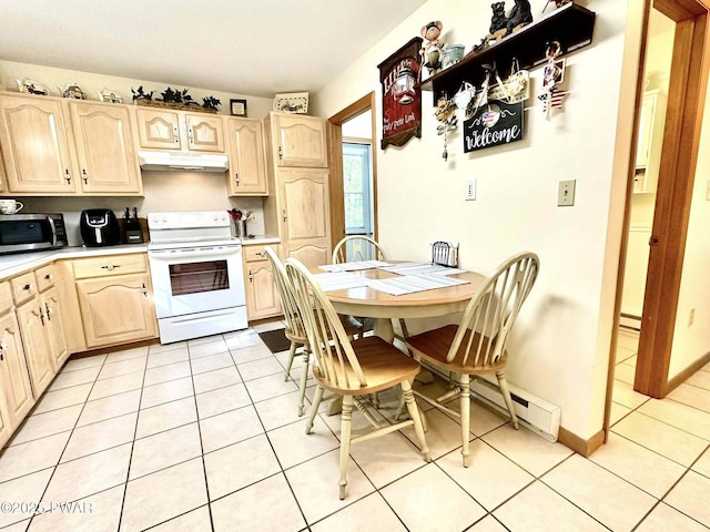 121 Canterbrook Dr, Hawley, PA 18428 - kitchen featuring white electric range, under cabinet range hood, stainless steel microwave, light brown cabinetry, and light countertops