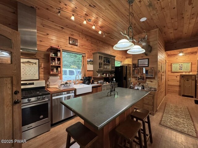 498 Penn York Rd, Starlight, PA 18461 - kitchen featuring appliances with stainless steel finishes, wooden walls, light wood-type flooring, open shelves, and a breakfast bar area