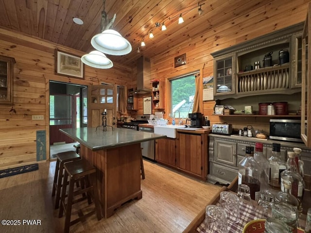 498 Penn York Rd, Starlight, PA 18461 - kitchen featuring wall chimney exhaust hood, open shelves, stainless steel microwave, wood walls, and light wood-type flooring