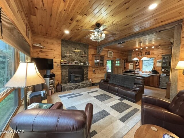498 Penn York Rd, Starlight, PA 18461 - living room featuring wood walls, wood ceiling, light wood-type flooring, ceiling fan, and recessed lighting