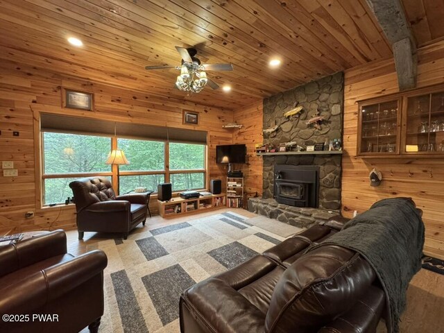 498 Penn York Rd, Starlight, PA 18461 - living room with wood walls, wood ceiling, recessed lighting, and a ceiling fan