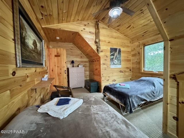 498 Penn York Rd, Starlight, PA 18461 - carpeted bedroom featuring wood ceiling, wood walls, and lofted ceiling