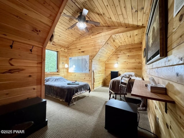 498 Penn York Rd, Starlight, PA 18461 - bedroom with wood walls, wood ceiling, lofted ceiling, and carpet floors