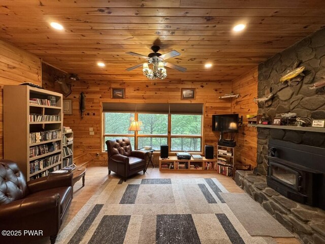 498 Penn York Rd, Starlight, PA 18461 - living room with recessed lighting, wooden walls, wooden ceiling, ceiling fan, and wood finished floors