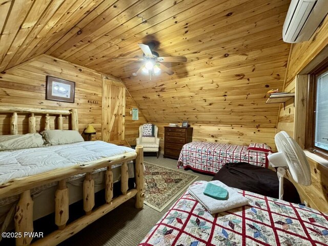 498 Penn York Rd, Starlight, PA 18461 - carpeted bedroom with a wall mounted AC, vaulted ceiling, wood walls, wooden ceiling, and a ceiling fan