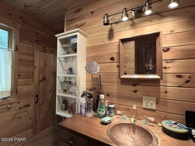 498 Penn York Rd, Starlight, PA 18461 - bathroom with wooden walls, vanity, and wood ceiling