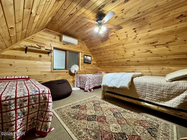 498 Penn York Rd, Starlight, PA 18461 - bedroom featuring carpet floors, wood walls, lofted ceiling, an AC wall unit, and wooden ceiling