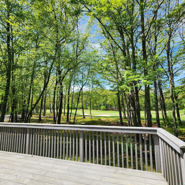 344 Canoebrook Dr, Lords Valley, PA 18428 - wooden terrace featuring view of scattered trees