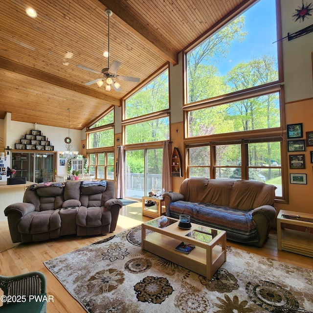 344 Canoebrook Dr, Lords Valley, PA 18428 - living area featuring high vaulted ceiling, wood finished floors, beamed ceiling, a ceiling fan, and wooden ceiling