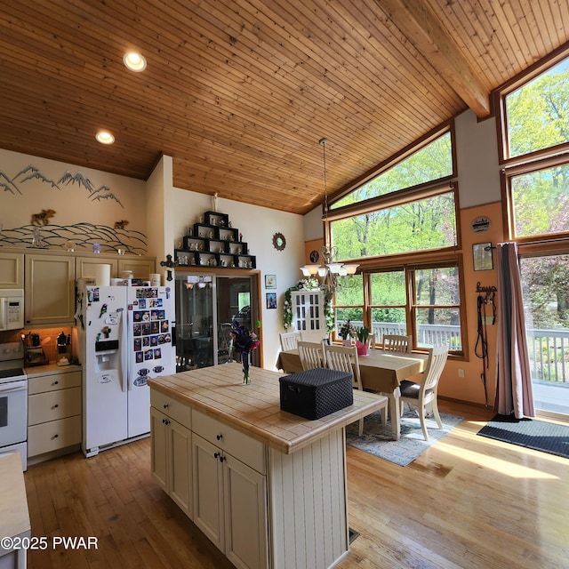 344 Canoebrook Dr, Lords Valley, PA 18428 - kitchen with white appliances, tile counters, high vaulted ceiling, wooden ceiling, and light wood-type flooring
