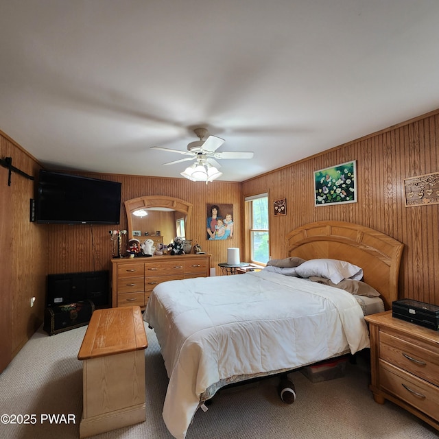 344 Canoebrook Dr, Lords Valley, PA 18428 - bedroom featuring light carpet, wood walls, and a ceiling fan