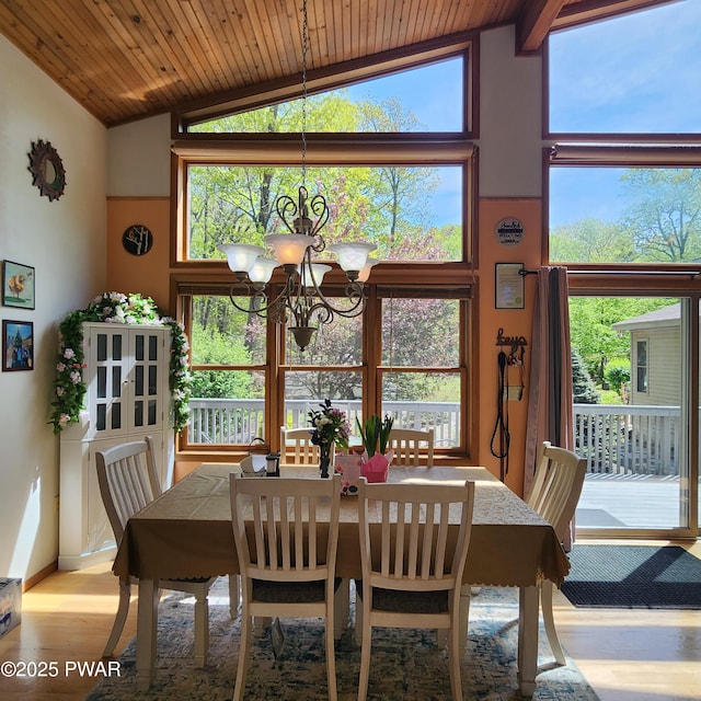 344 Canoebrook Dr, Lords Valley, PA 18428 - dining space with wood ceiling, a chandelier, wood finished floors, plenty of natural light, and high vaulted ceiling