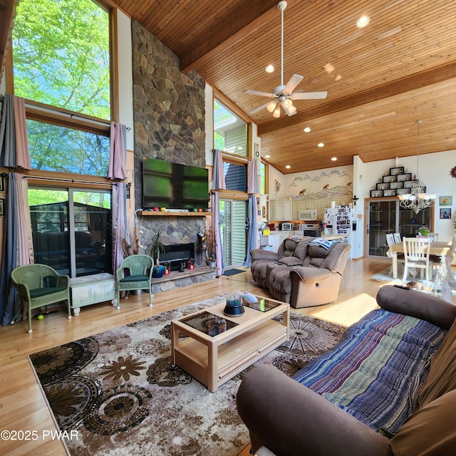 344 Canoebrook Dr, Lords Valley, PA 18428 - living room with a ceiling fan, wood ceiling, high vaulted ceiling, a fireplace, and healthy amount of natural light