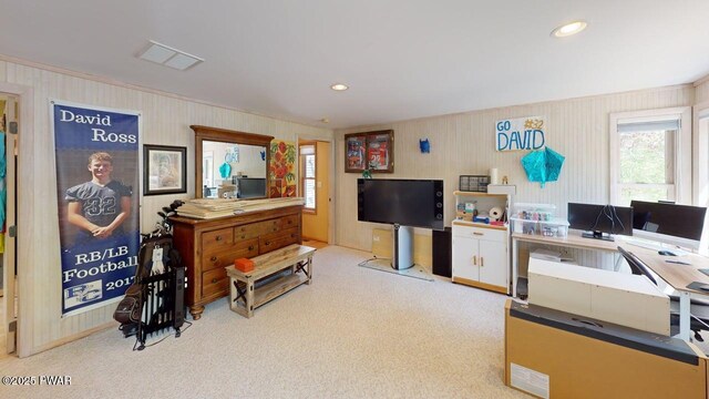 344 Canoebrook Dr, Lords Valley, PA 18428 - living room with carpet, a desk, and recessed lighting