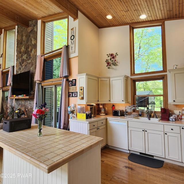 344 Canoebrook Dr, Lords Valley, PA 18428 - kitchen with dishwasher, wooden ceiling, a sink, decorative backsplash, and tile counters