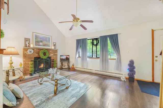 103 Westfall Dr, Dingmans Ferry, PA 18328 - living room featuring baseboard heating, high vaulted ceiling, a brick fireplace, ceiling fan, and wood finished floors