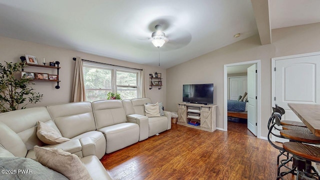 142 Myck Rd, Dingmans Ferry, PA 18328 - living room featuring lofted ceiling, ceiling fan, and wood finished floors