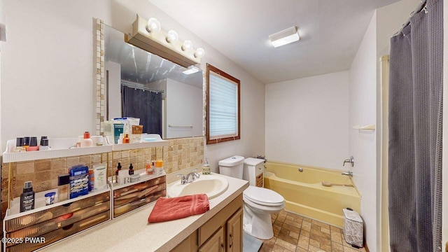 142 Myck Rd, Dingmans Ferry, PA 18328 - bathroom with vanity, a garden tub, backsplash, and a shower with shower curtain