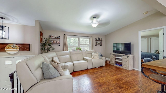 142 Myck Rd, Dingmans Ferry, PA 18328 - living area with vaulted ceiling, a ceiling fan, and wood finished floors
