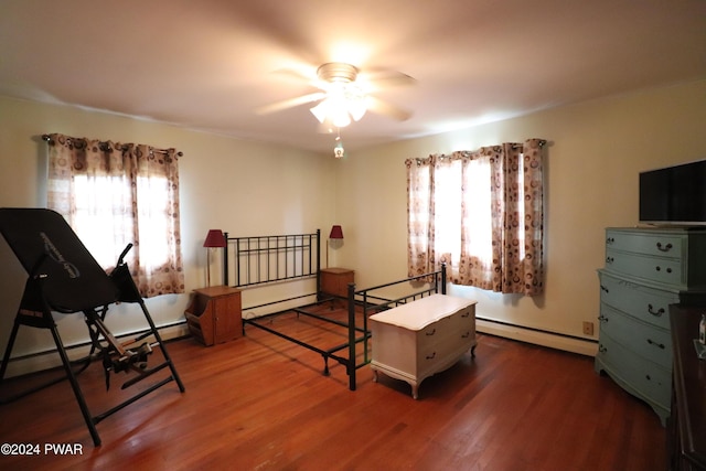 bedroom featuring multiple windows, dark hardwood / wood-style flooring, and a baseboard radiator