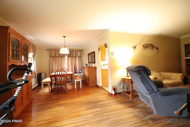 living room with light wood-type flooring, a baseboard radiator, and ornamental molding