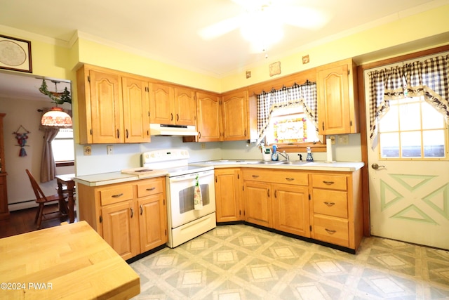 kitchen with ceiling fan, sink, baseboard heating, white range with electric cooktop, and crown molding