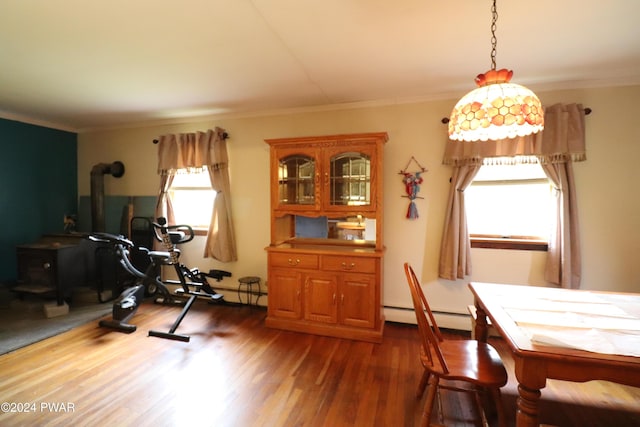 workout area featuring dark hardwood / wood-style floors, crown molding, and a baseboard radiator