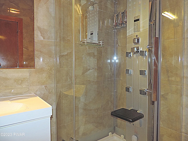 bathroom featuring vanity and walk in shower