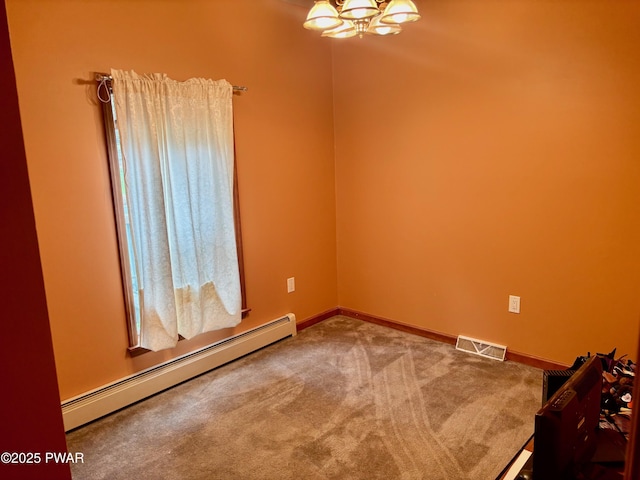 carpeted empty room featuring visible vents, baseboards, a baseboard radiator, and a notable chandelier