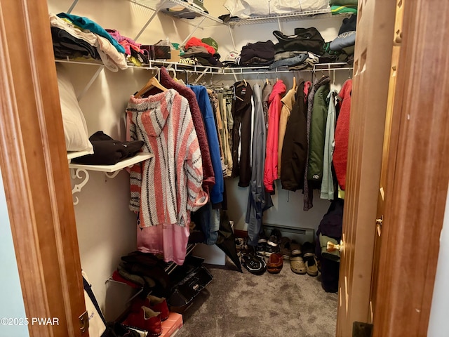 walk in closet featuring carpet flooring and baseboard heating